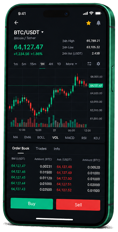 Application mobile de trading Romstivorex — graphique du BTC/USDT en direct, carnet d'ordres et interface intuitive